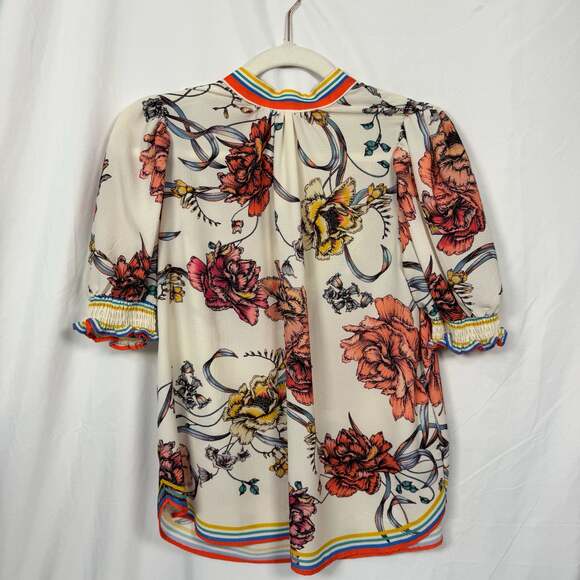 Flying Tomato Tops - Flying Tomato Floral High Neck Keyhole Back Puff Sleeve Blouse